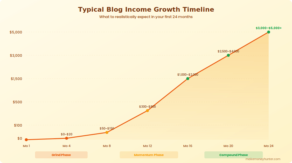 Blog income growth timeline for women showing typical earnings trajectory from month 1 to month 24