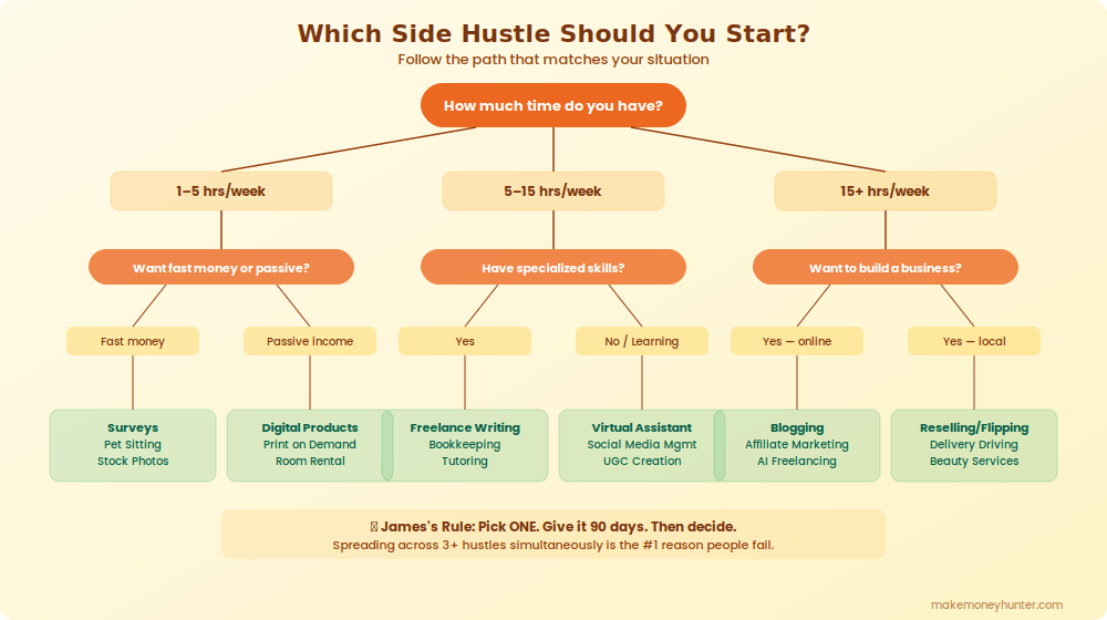 Decision flowchart helping women choose the right side hustle based on available time, skills, and income goals
