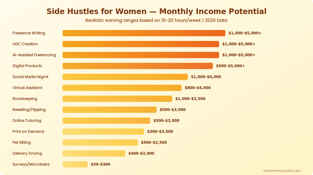 Side hustles for women income comparison chart showing 18 methods ranked by monthly earning potential and flexibility in 2026