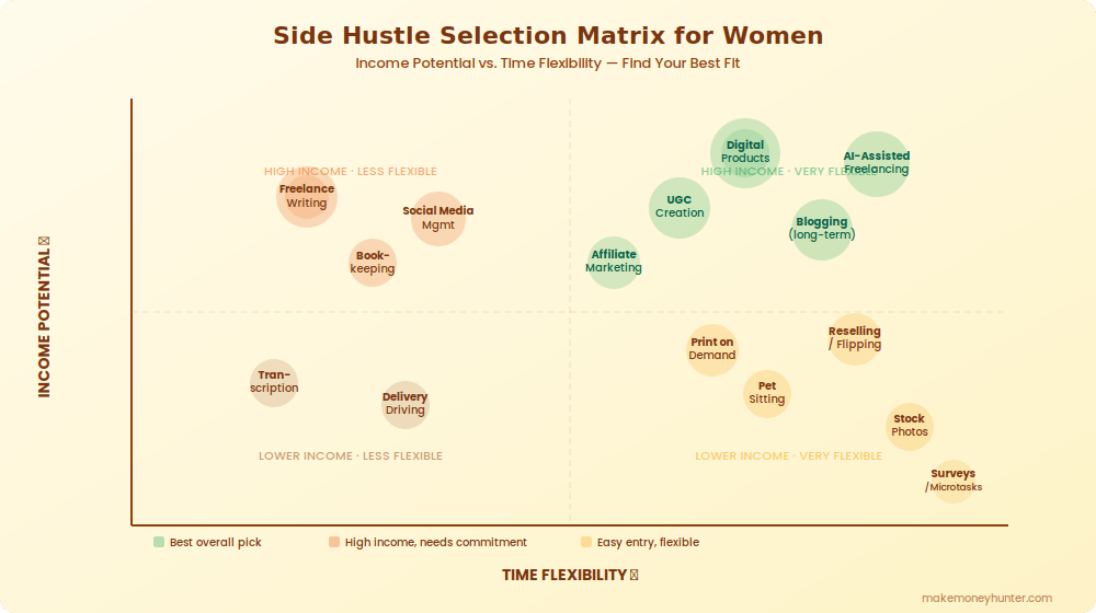Side hustle selection matrix for women showing income potential versus time flexibility for each method