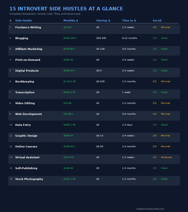 Comparison table of all 15 introvert side hustles showing social interaction score, monthly income range, startup cost, and time to first dollar in 2026