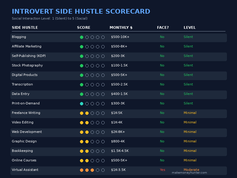 Social interaction scorecard comparing 15 side hustles for introverts by interaction level, income potential, and face-to-camera requirement in 2026