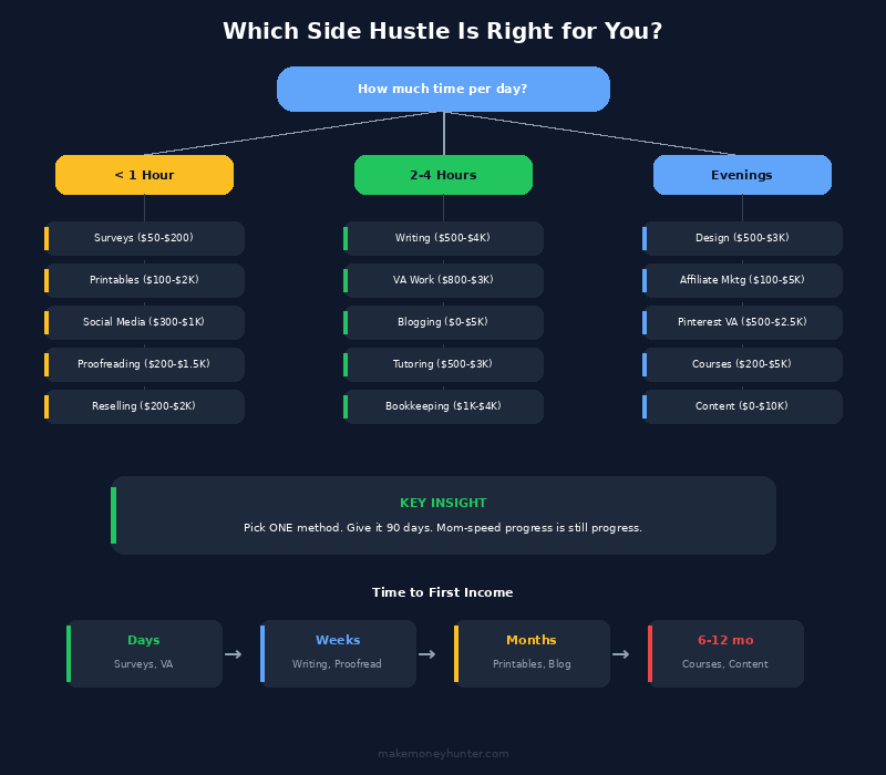Decision flowchart helping stay-at-home moms choose the right side hustle based on available time, skills, and income goals