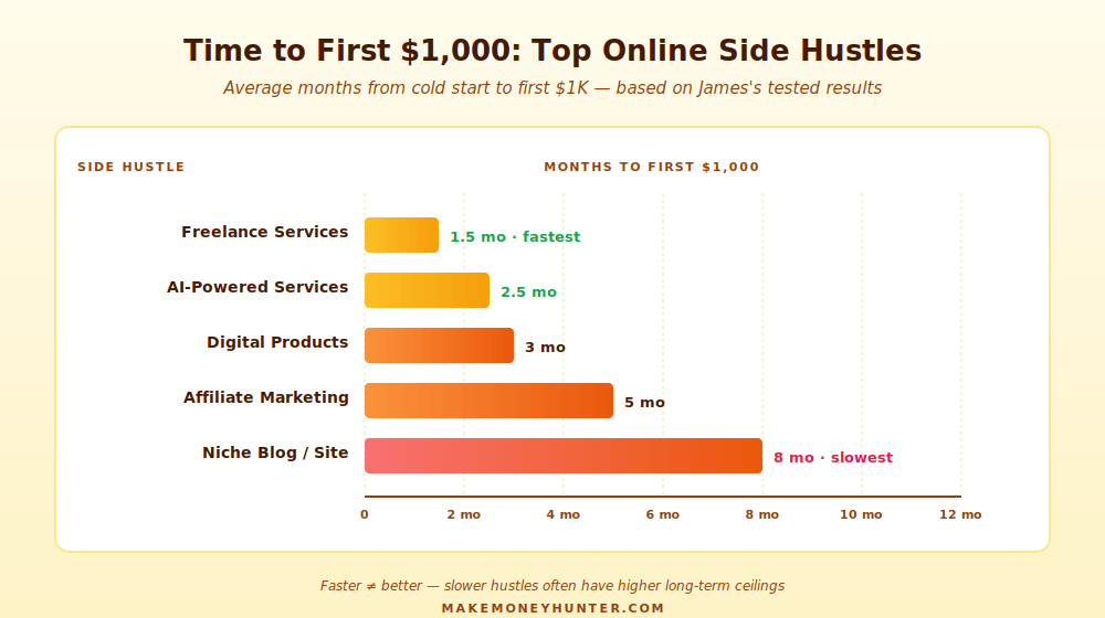 Time to first $1,000 chart — top online side hustles for men ranked from fastest (freelance, 1.5 months) to slowest (niche blog, 8 months)
