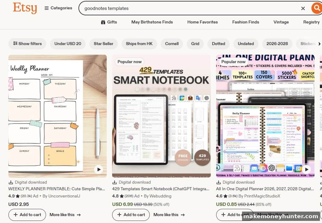 Etsy search results for goodnotes templates showing bestselling digital planners weekly planner printables and smart notebook templates priced from $0.85 to $13.99