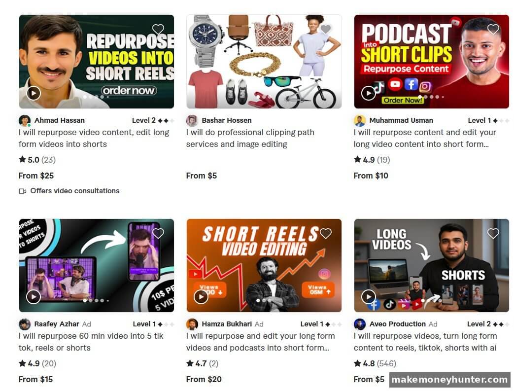 Fiverr search results for video repurposing services showing freelancers offering long form video to short reels editing from $5 to $25 with 4.7 to 5.0 star ratings