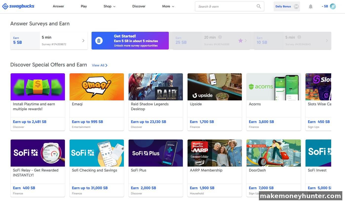 Swagbucks dashboard showing survey opportunities and special offers for teens to earn SB points