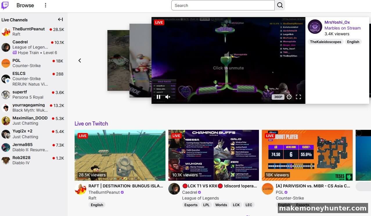 Twitch browse page showing live channels with varied audience sizes from 28000 viewers down to 1200 viewers across game niches like Counter-Strike Persona 5 Diablo and Marbles