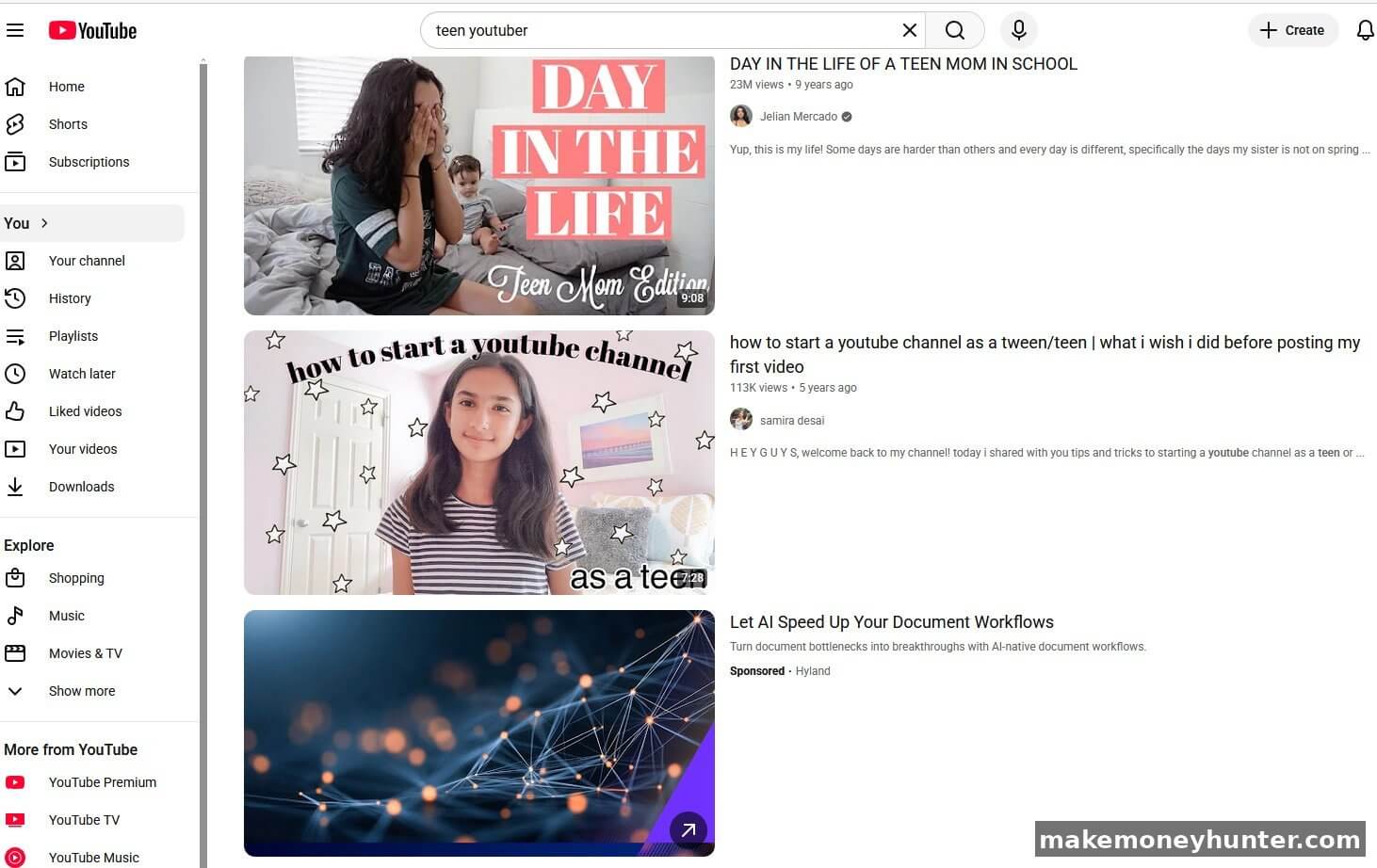 YouTube search results for teen youtuber showing day in the life of a teen mom and how to start a youtube channel as a tween or teen videos