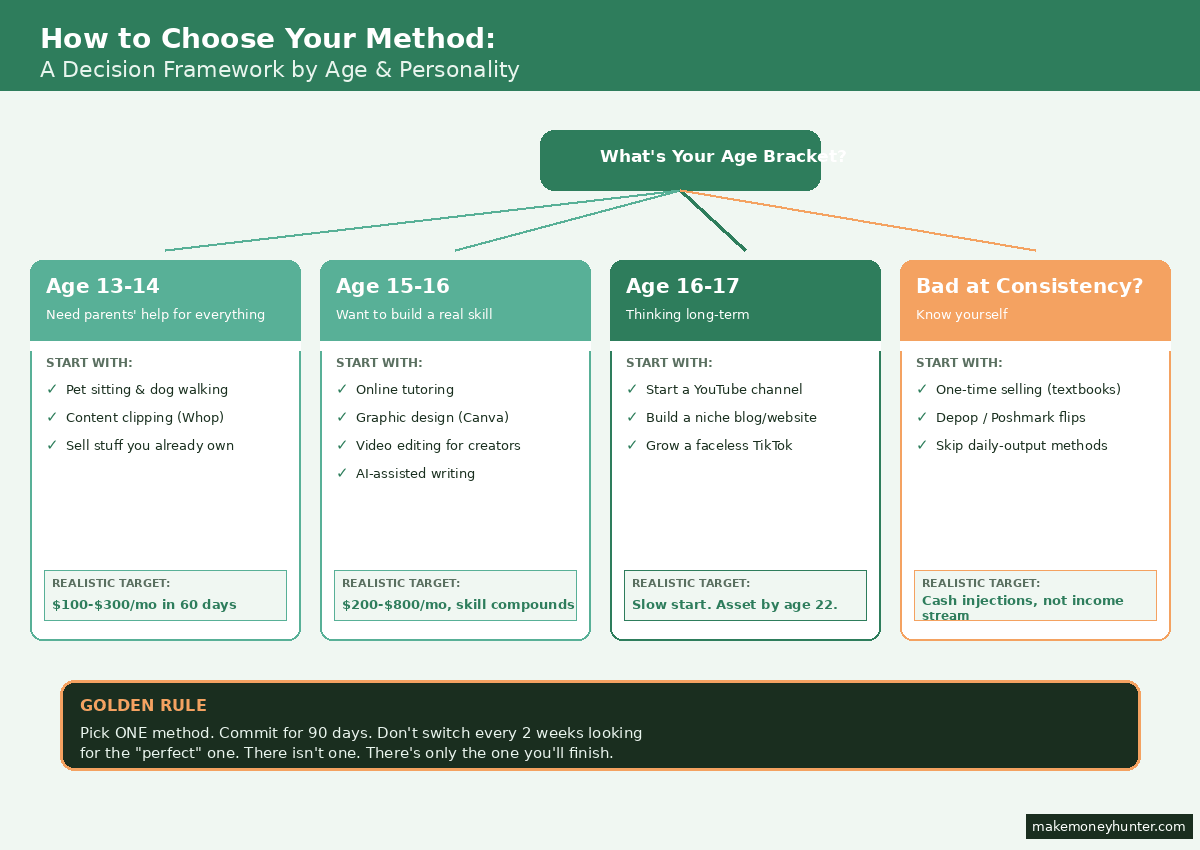 Decision framework infographic showing four paths for teens to choose money making methods by age 13-14, 15-16, 16-17, and bad-at-consistency type with realistic income targets