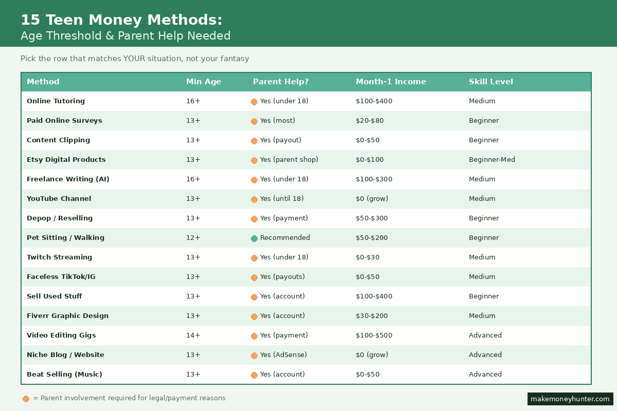 Comparison table of 15 ways for teenagers to make money online with minimum age requirements, parent help needed, month-1 income, and skill level