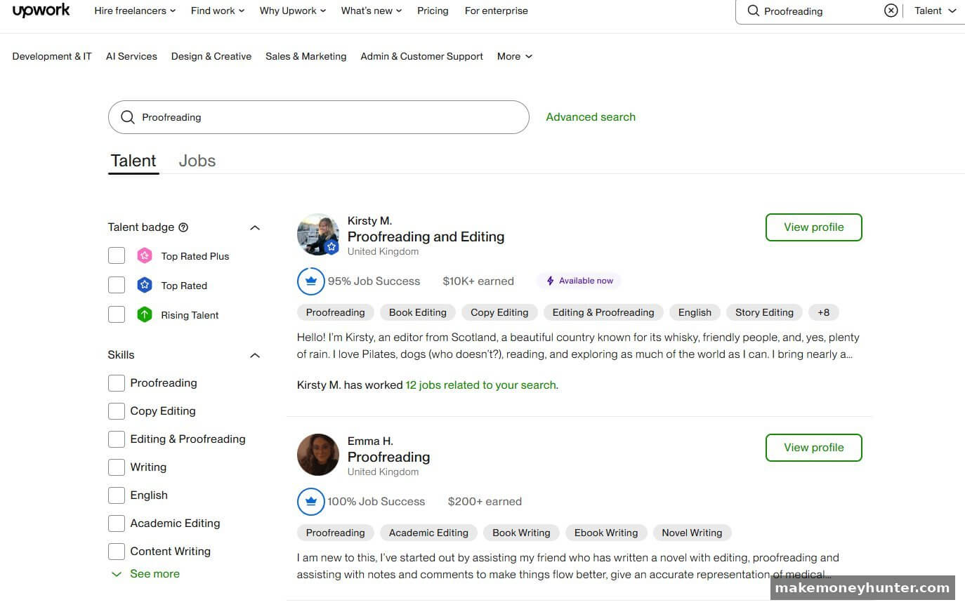 Upwork proofreading freelancer search results showing talent profiles with ratings, earnings, and skill tags
