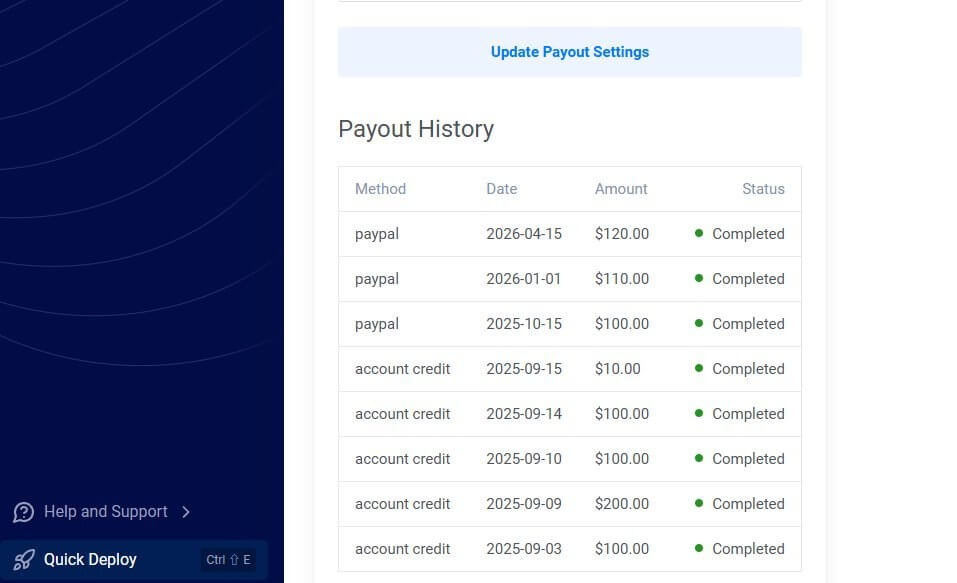 Vultr referral payout history table showing multiple completed payments to PayPal at $100-$200 each between September 2025 and April 2026