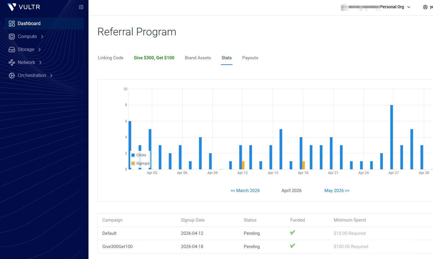 Vultr referral program statistics dashboard showing daily clicks and signup conversions across April 2026 with peaks of 8 clicks on April 27