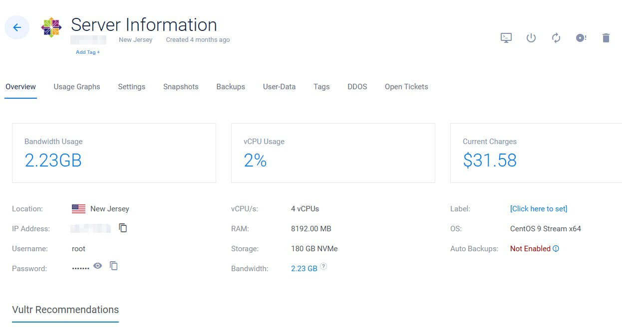 Vultr VPS server dashboard showing server information with 4 vCPUs, 8192 MB RAM, 180GB NVMe storage, located in New Jersey running CentOS 9 Stream