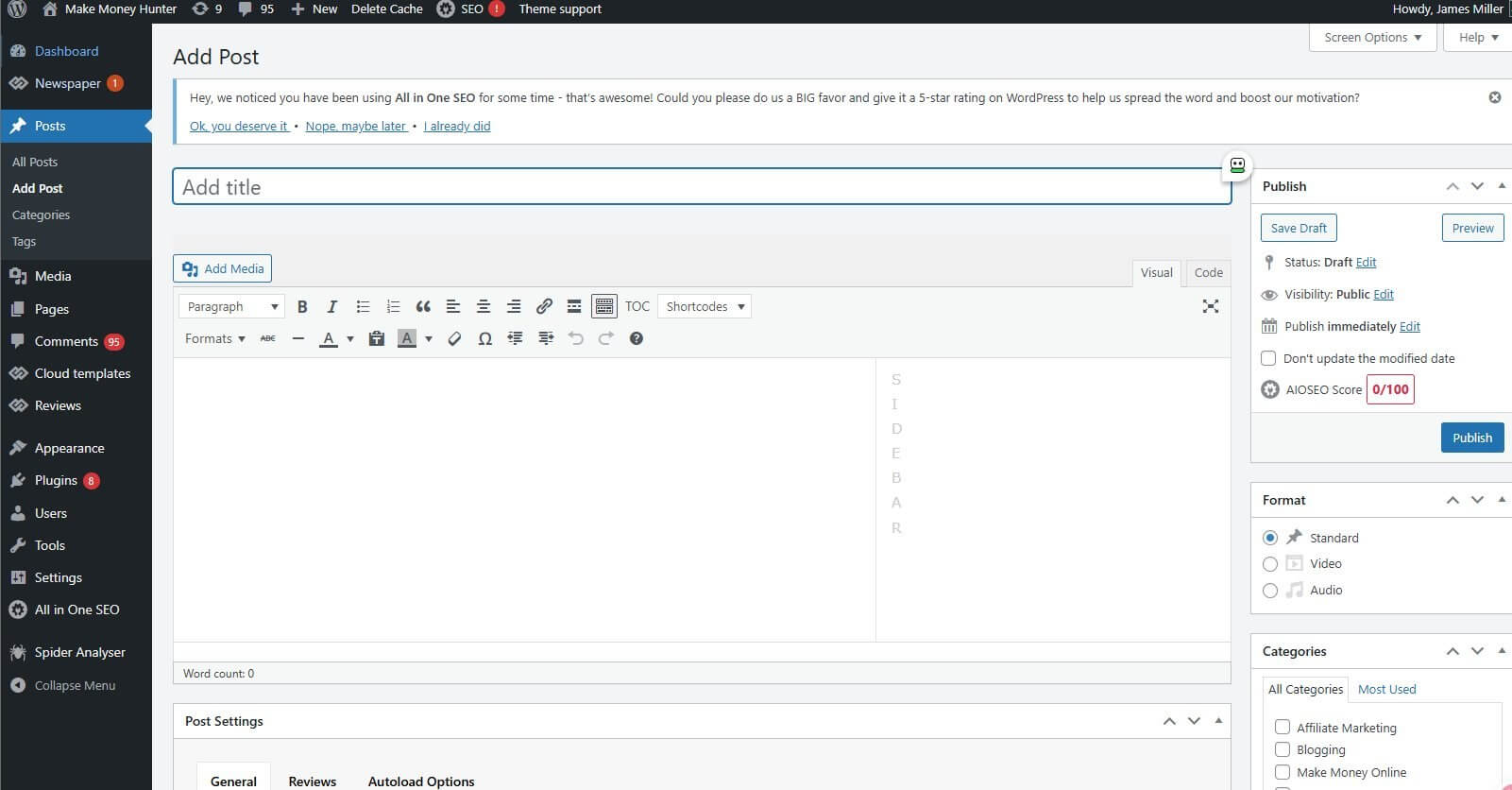 WordPress Add Post editor interface showing the Classic Editor with title field, content area, SEO score widget, publish settings, format options, and categories sidebar