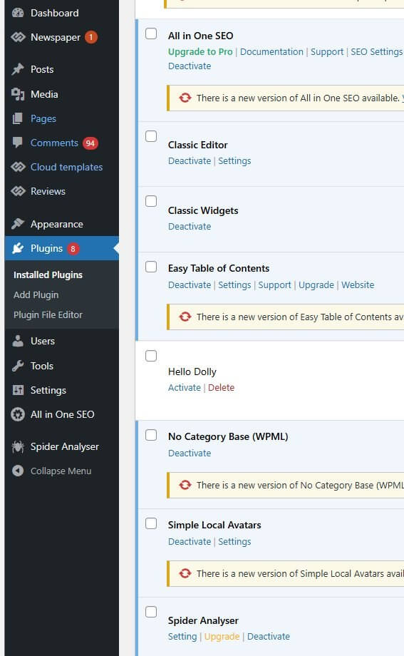WordPress admin dashboard showing installed plugins list including All in One SEO, Classic Editor, Easy Table of Contents, No Category Base, Simple Local Avatars, and Spider Analyser