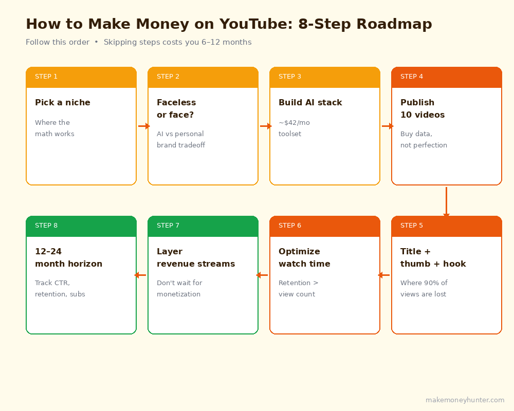 YouTube 8-step roadmap flowchart from niche selection to revenue stacking and tracking leading indicators