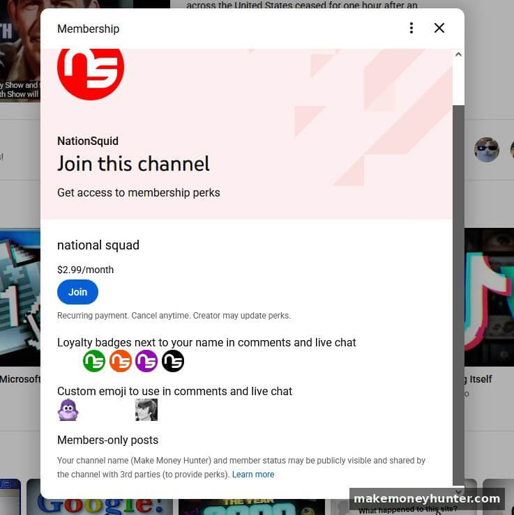 YouTube channel membership join page for NationSquid showing $2.99 monthly tier with loyalty badges custom emoji and members-only posts