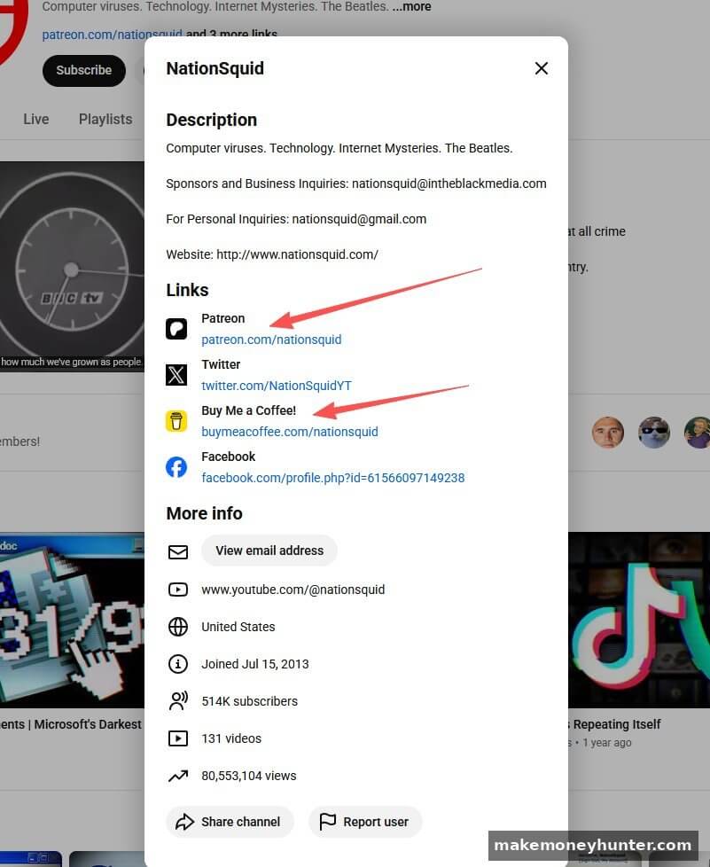 YouTube creator NationSquid channel description showing external monetization links to Patreon Buy Me a Coffee Twitter and Facebook