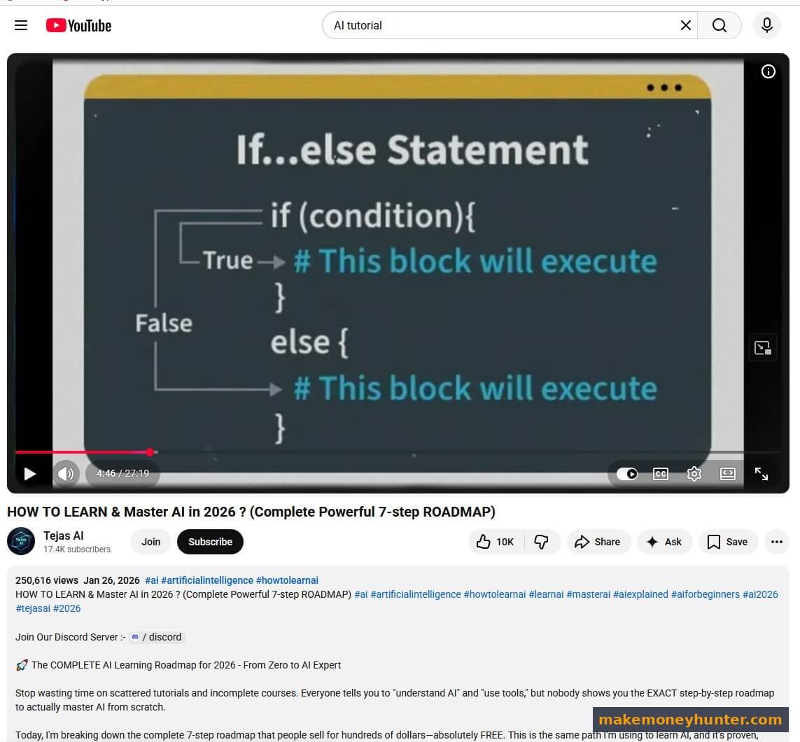 YouTube faceless AI tutorial channel example with 17.4K subscribers showing a 27 minute video on learning AI in 2026 with 250,616 views