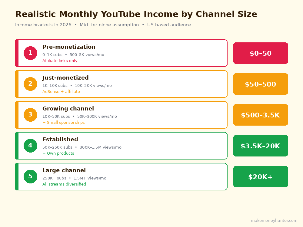 YouTube realistic monthly income brackets by channel size from pre-monetization to large channels with subscriber and view milestones
