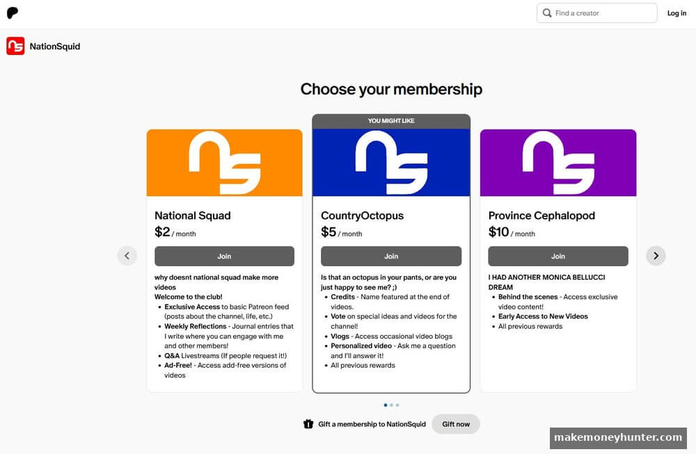 Patreon membership tier pricing example showing $2 $5 and $10 monthly tiers with escalating perks like exclusive access weekly reflections vote on videos and behind the scenes content