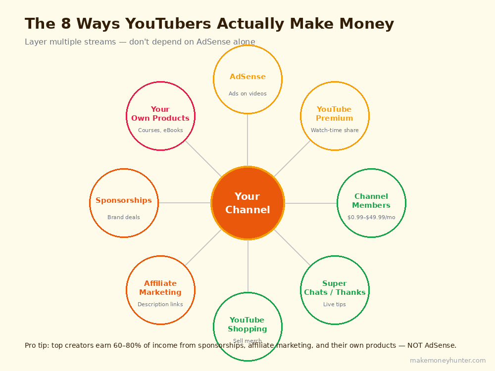 YouTube revenue stack flowchart showing the eight ways creators make money including AdSense memberships sponsorships and affiliate marketing